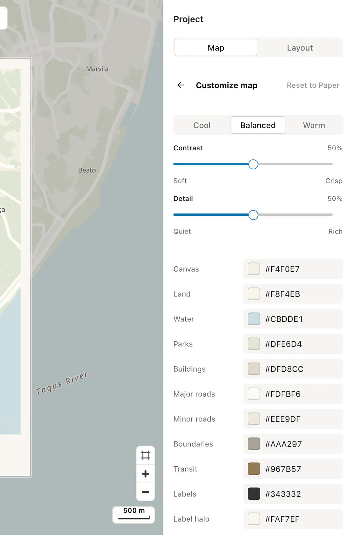 Print Map Studio custom palette with tone, contrast, detail and colour controls