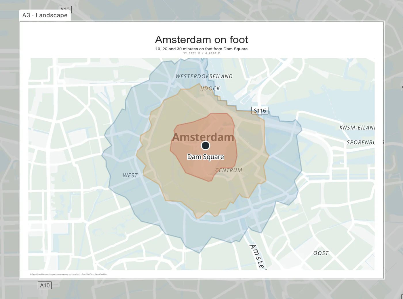 Amsterdam walking-time map composed inside an A3 landscape Print Map Studio print frame