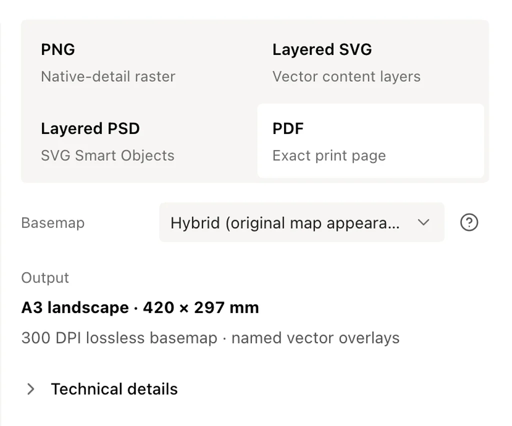 Print Map Studio PDF export summary with page size and download button