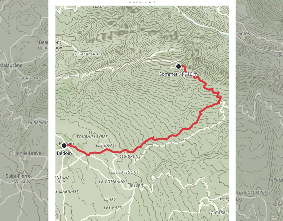 The Mont Ventoux route from Bédoin fitted inside the Print Map Studio print frame