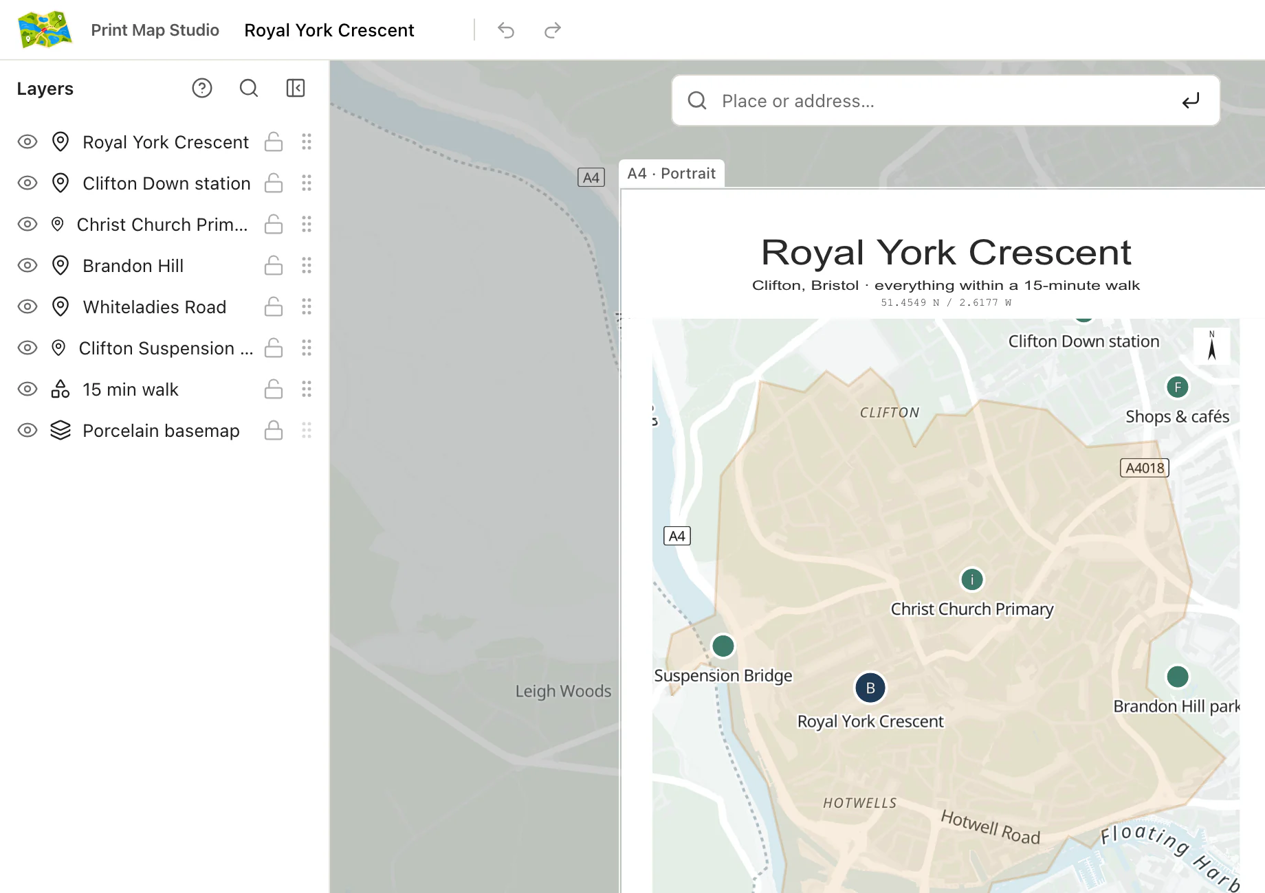 Print Map Studio layer list with places and a walking area, each on its own layer beside the map