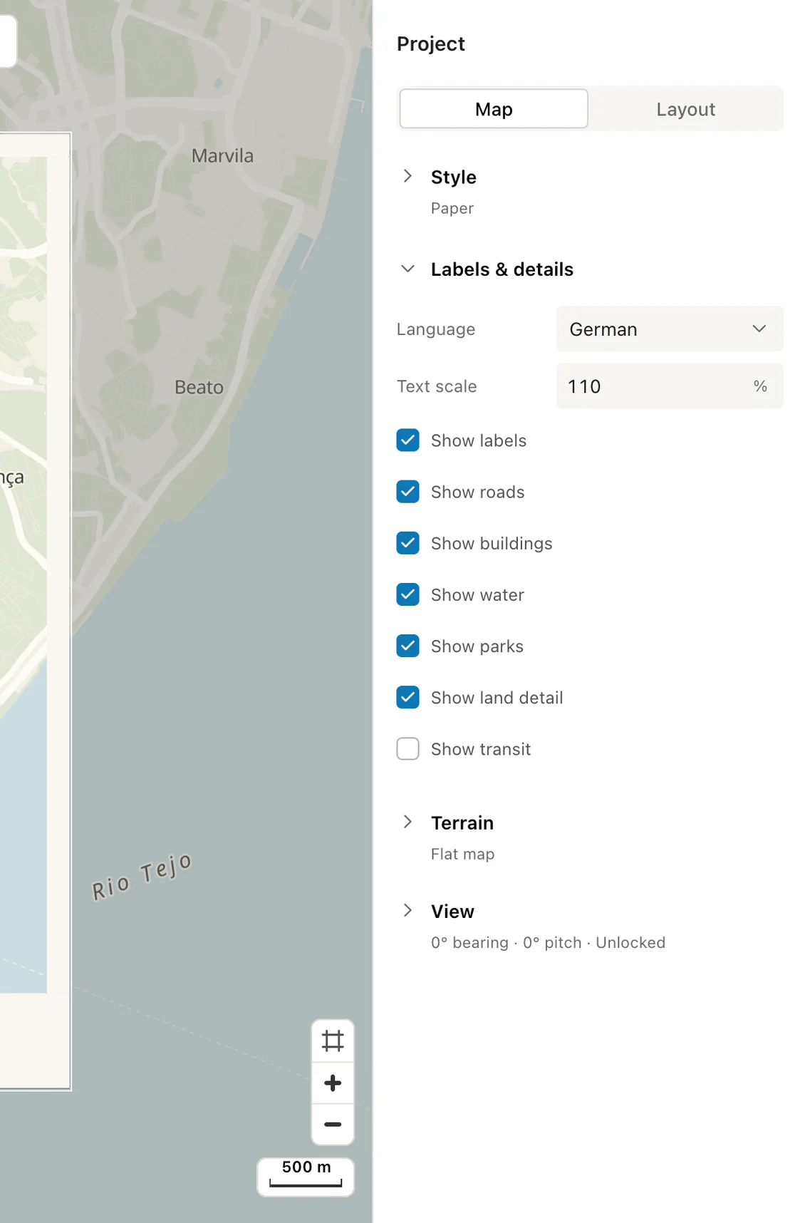 Print Map Studio language selector and text scale controls set to German