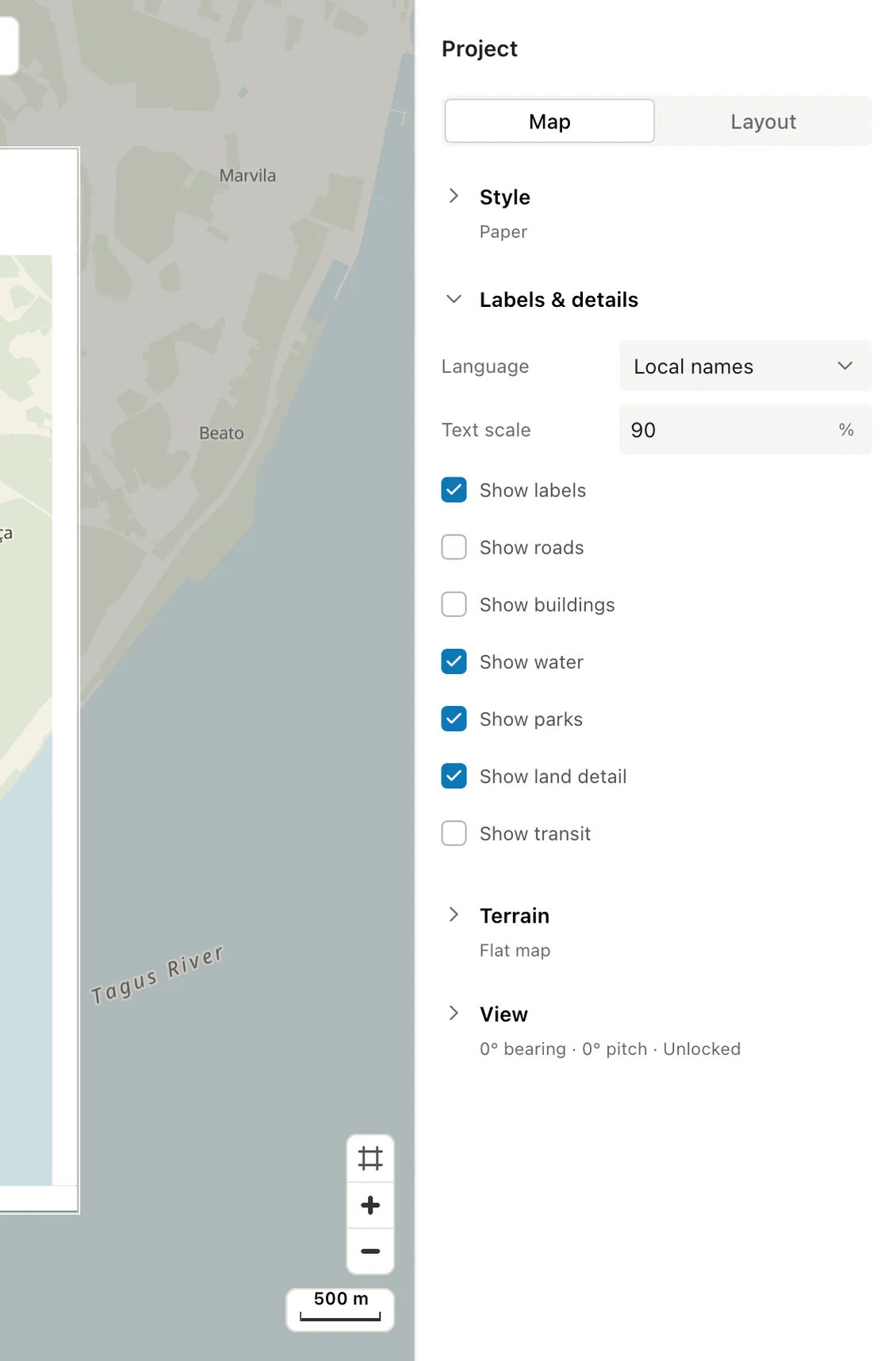 Print Map Studio map detail controls with roads, buildings and transit turned off