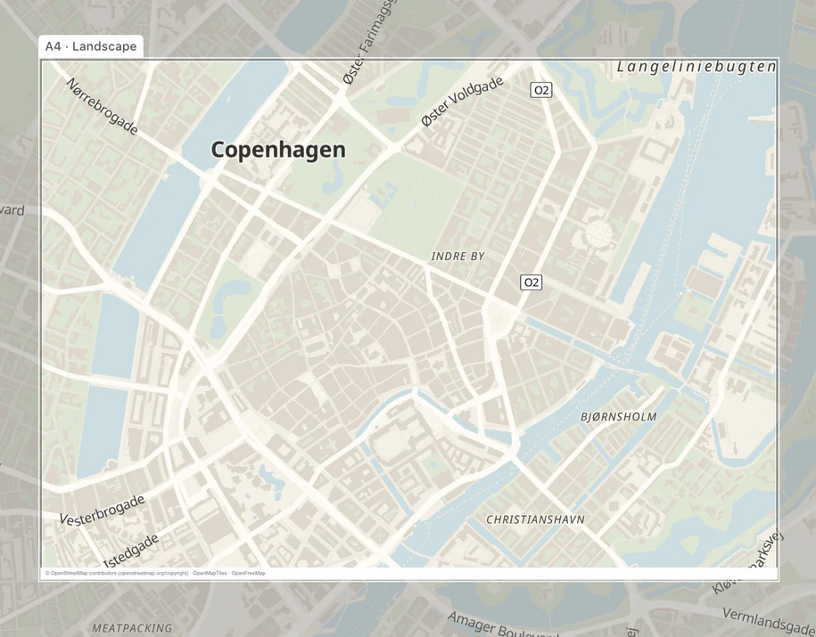Visible A4 landscape print frame over a styled Copenhagen map in Print Map Studio