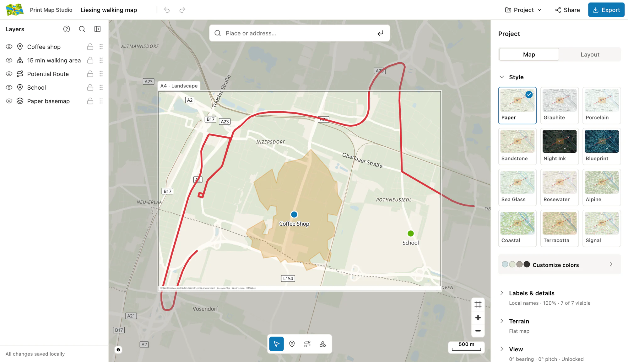 Print Map Studio editor with a route, two named places and a 15 minute walking area in Vienna