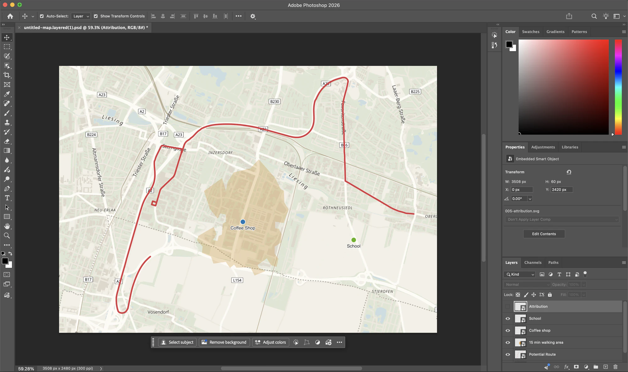 The exported map open in Adobe Photoshop with separately named layers and Smart Objects