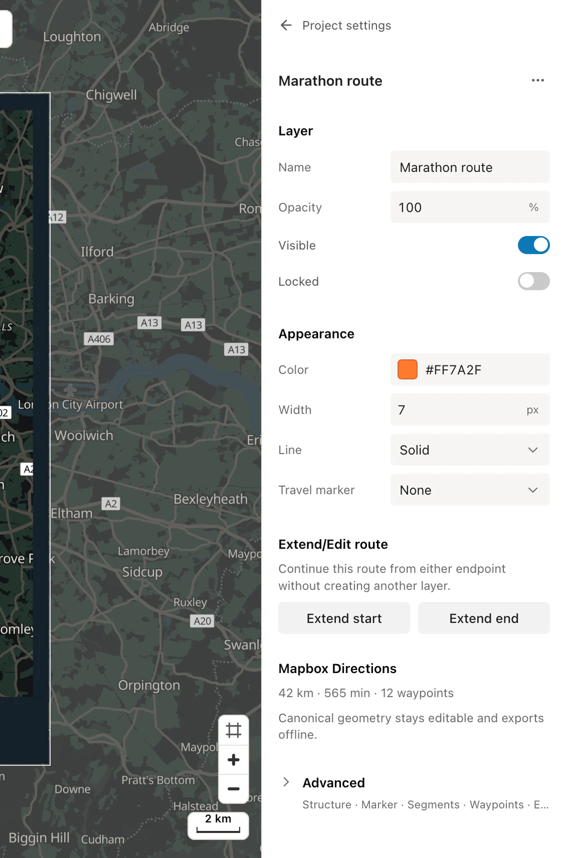 Print Map Studio route line colour, width and travel marker controls