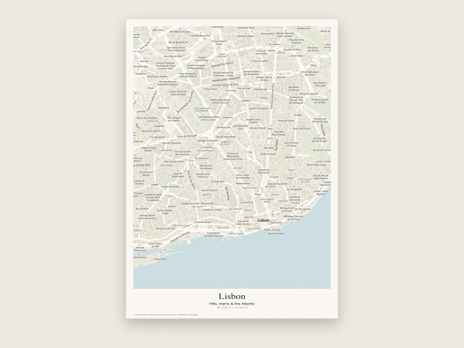 A3 Lisbon city map poster with the title block under the map