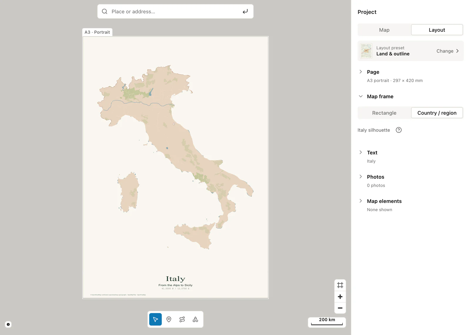 Map frame set to Country / region with the Italy outline applied