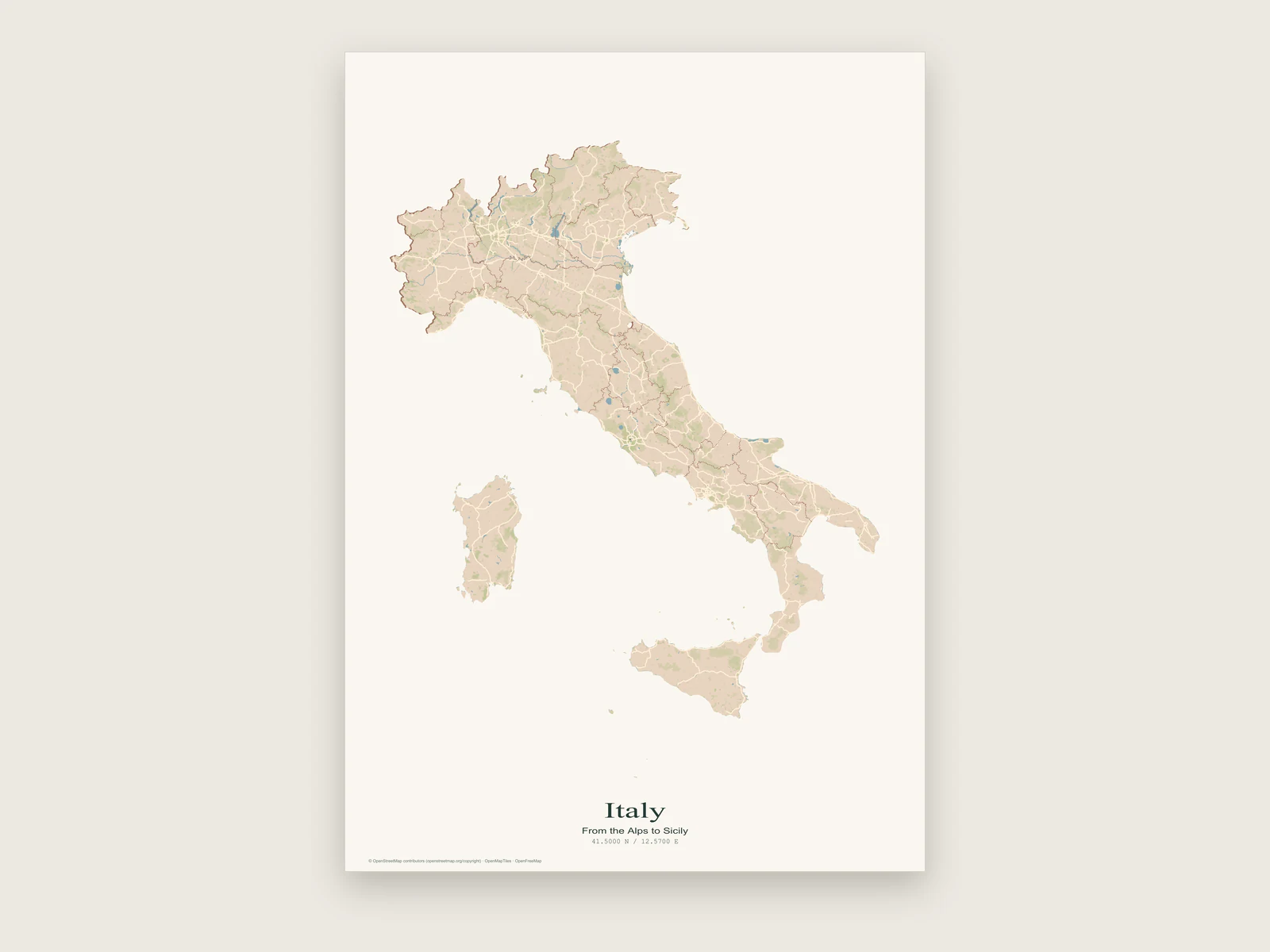Italy poster where the map is cut to the outline of the country, with Sicily and Sardinia included
