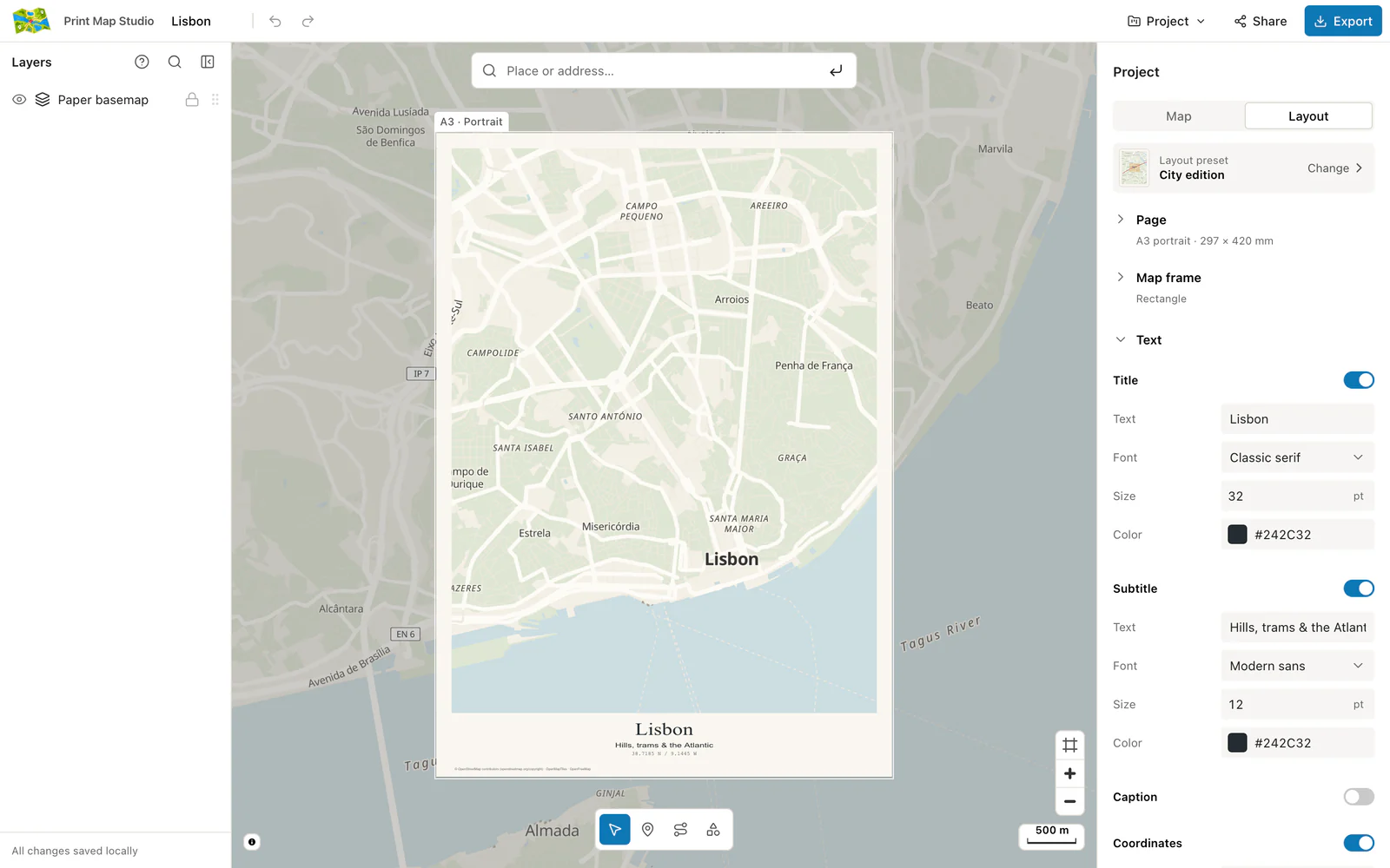 Layout tab with title, subtitle and font settings for a Lisbon poster