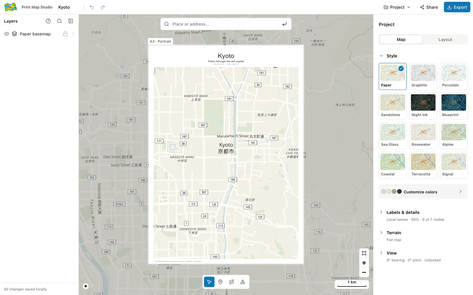 Map tab with the twelve map styles next to a Kyoto poster