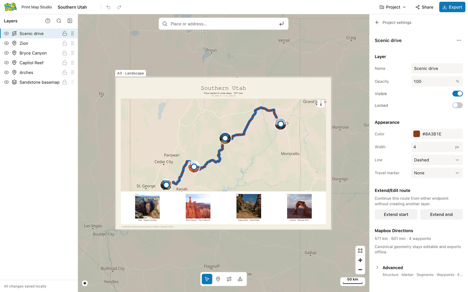 A road trip route selected on the map, with its colour, width and dashed line settings