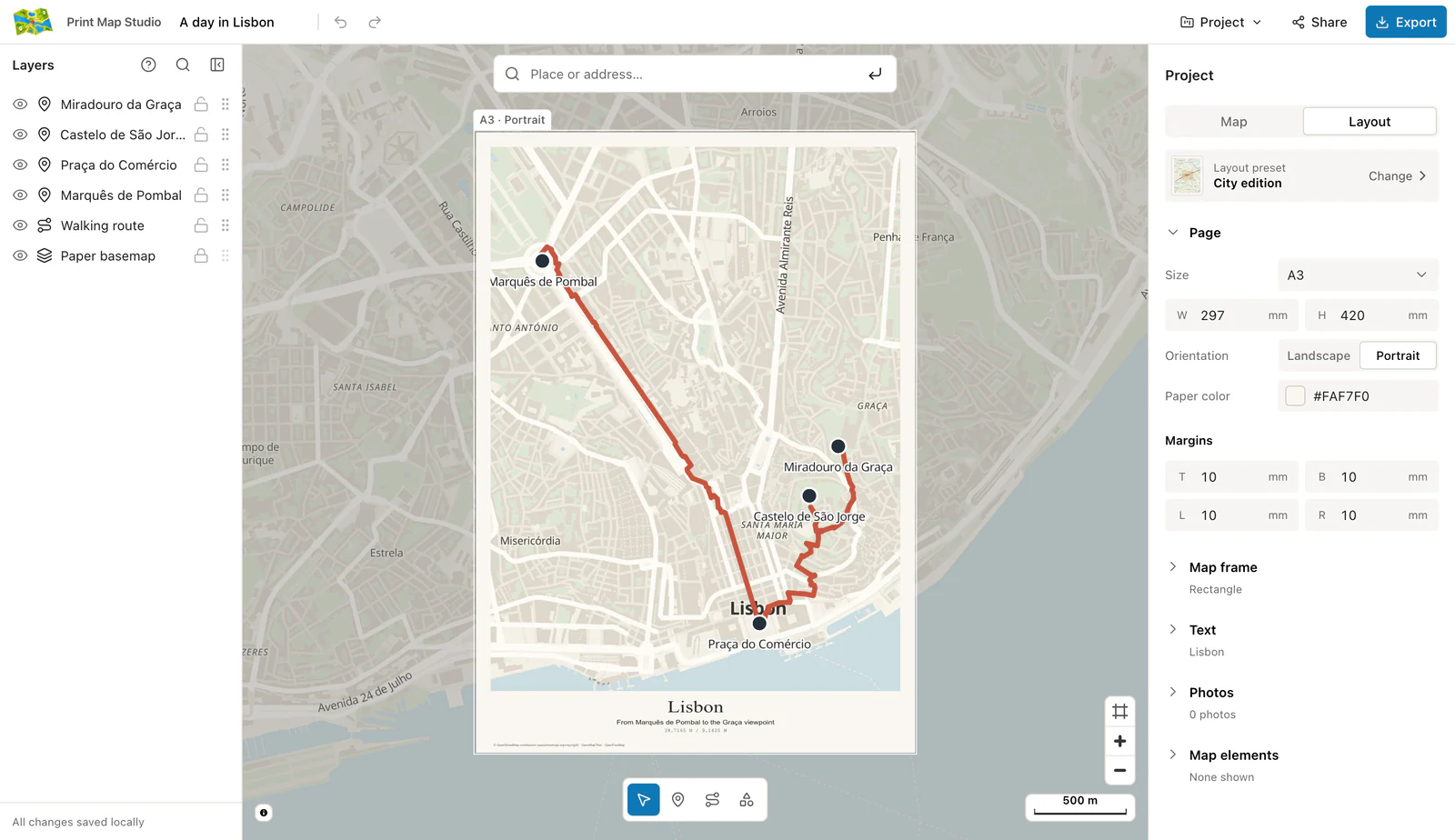 Print Map Studio editor with an A3 Lisbon poster, a walking route and four named places