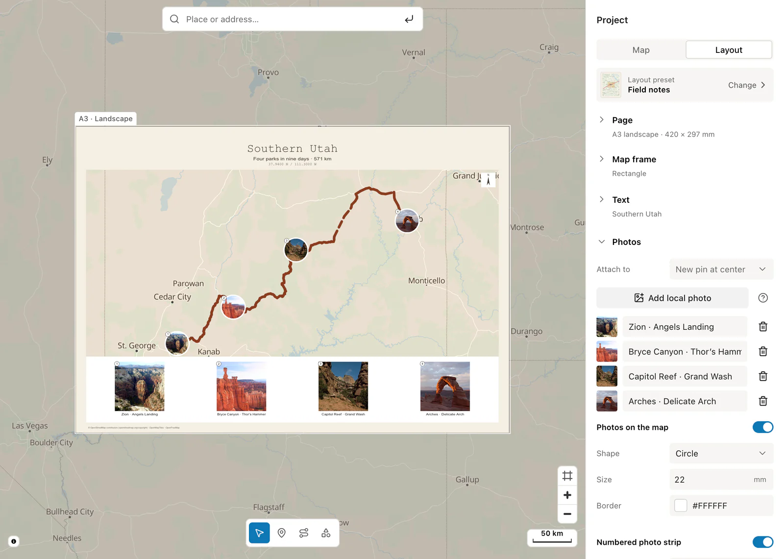 Photos settings with four trip photos, captions and the photo strip switched on