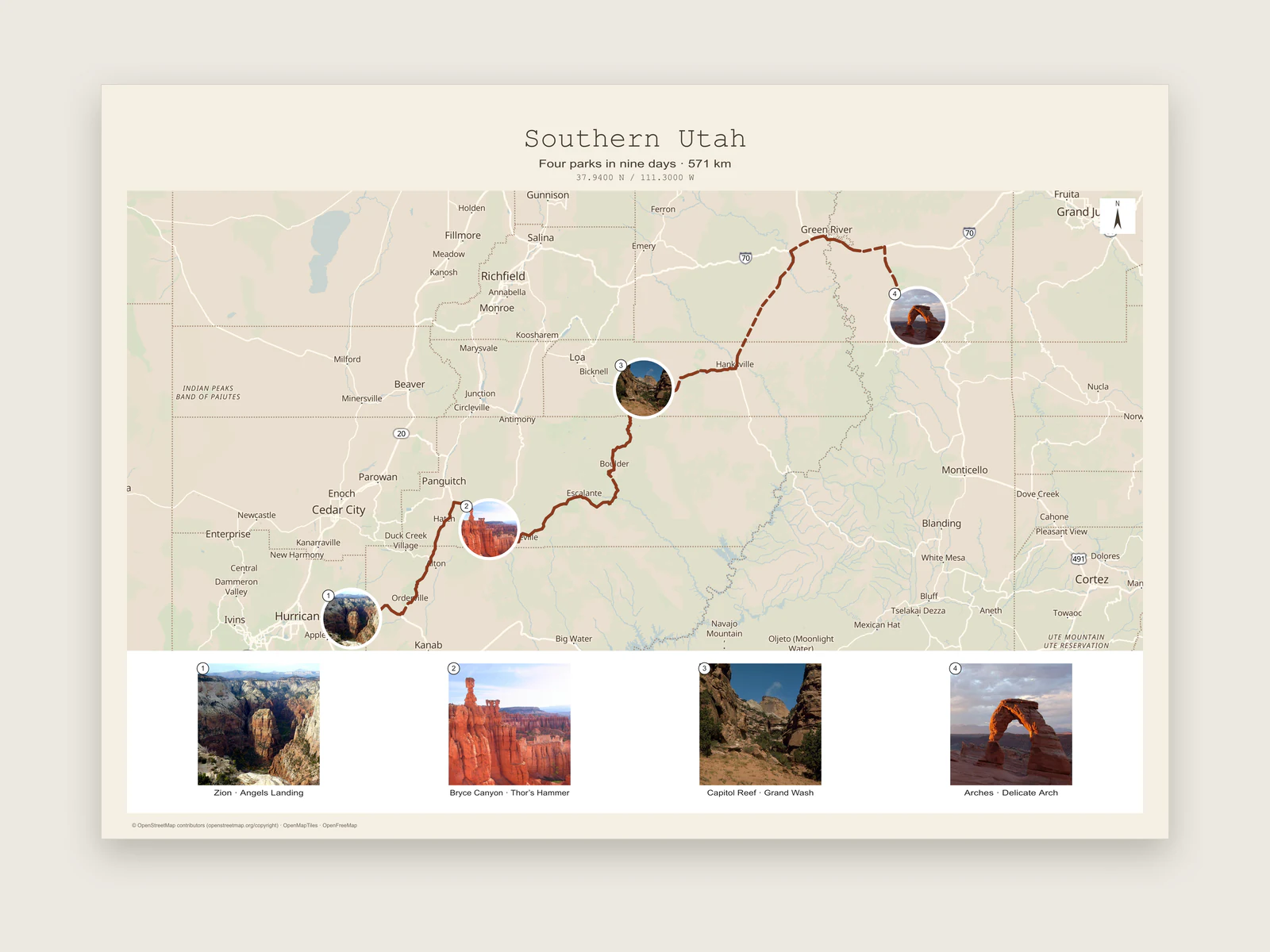 Southern Utah road trip poster with photos pinned to four parks and a numbered photo strip
