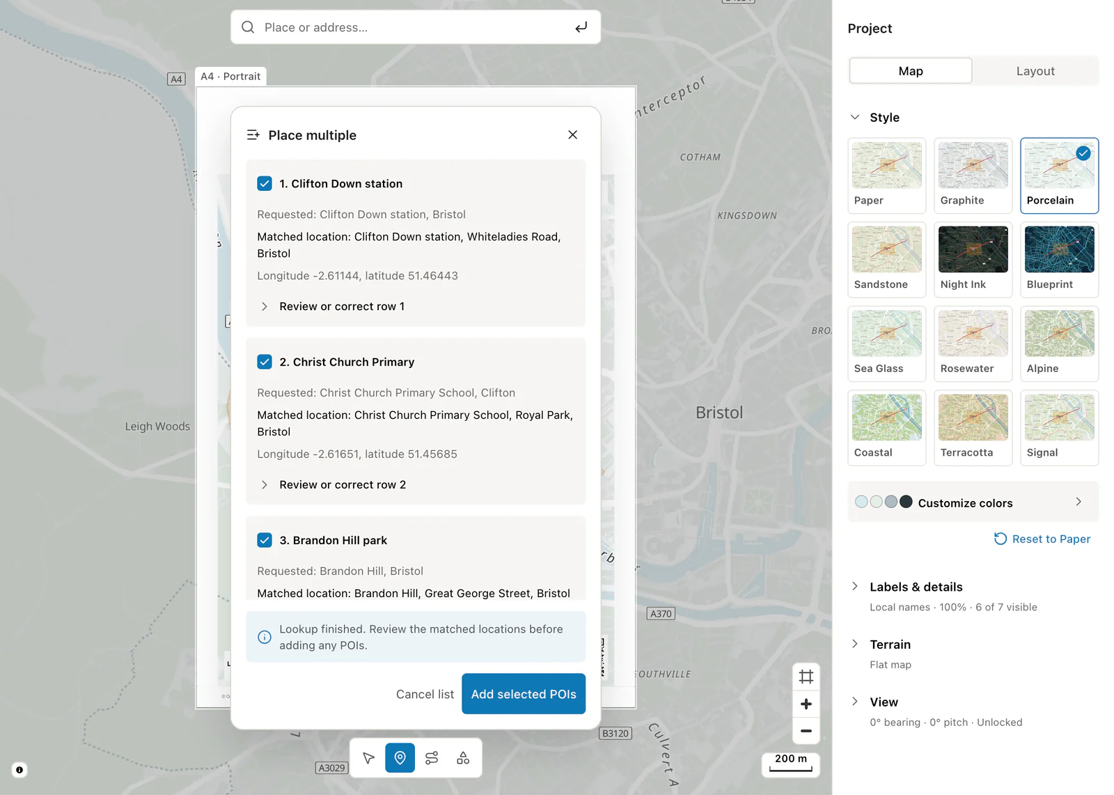 Place multiple panel matching a pasted list of Bristol addresses to their locations before adding them