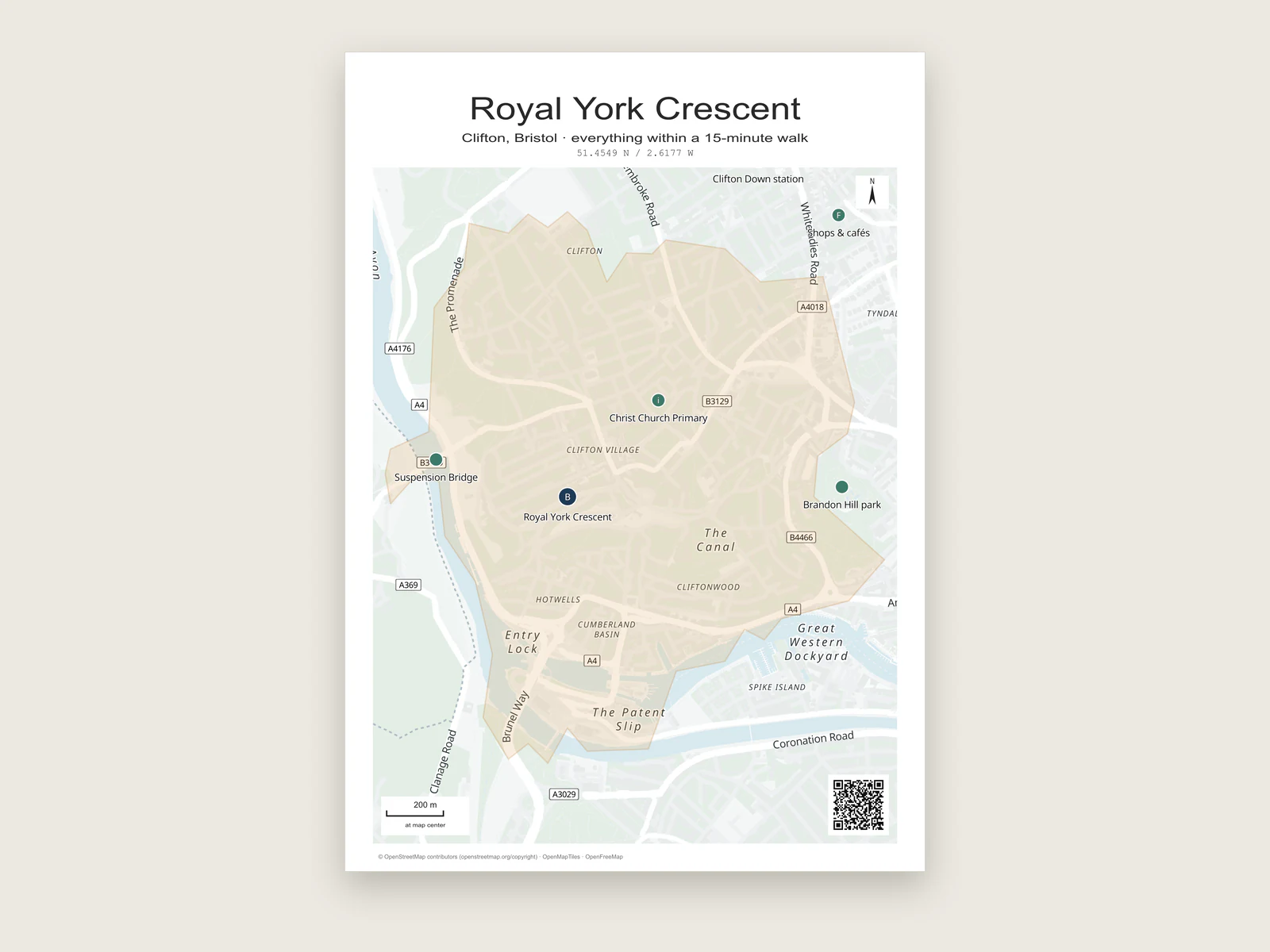 A4 location map flyer for a Bristol street with nearby places, a 15-minute walking area and a QR code