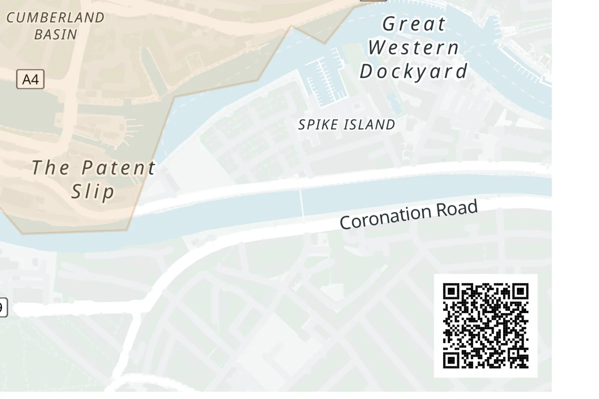Corner of a printed map with a scannable location QR code