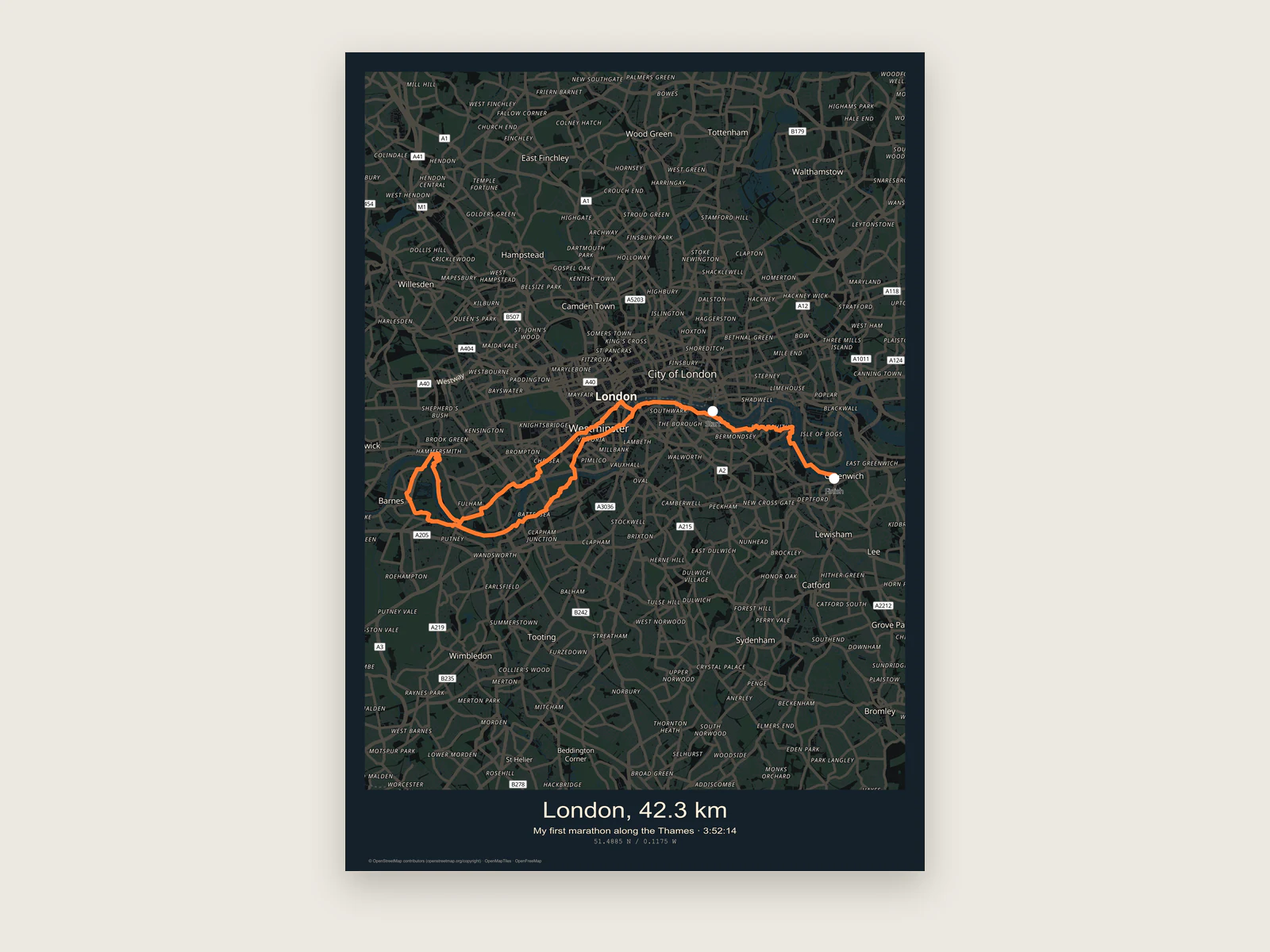 Dark A3 marathon poster of a 42.3 km run along the Thames with start and finish markers