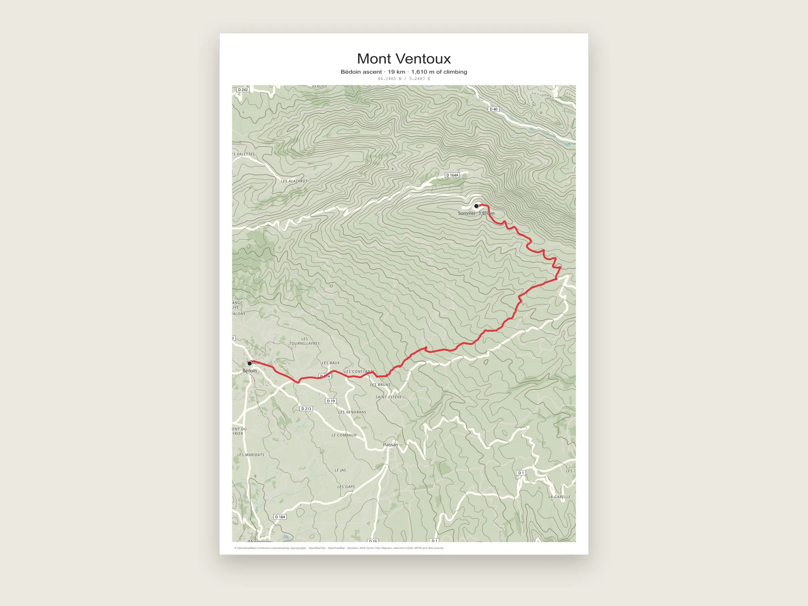 A3 poster of the Mont Ventoux climb from Bédoin on a contour map, with the summit marked