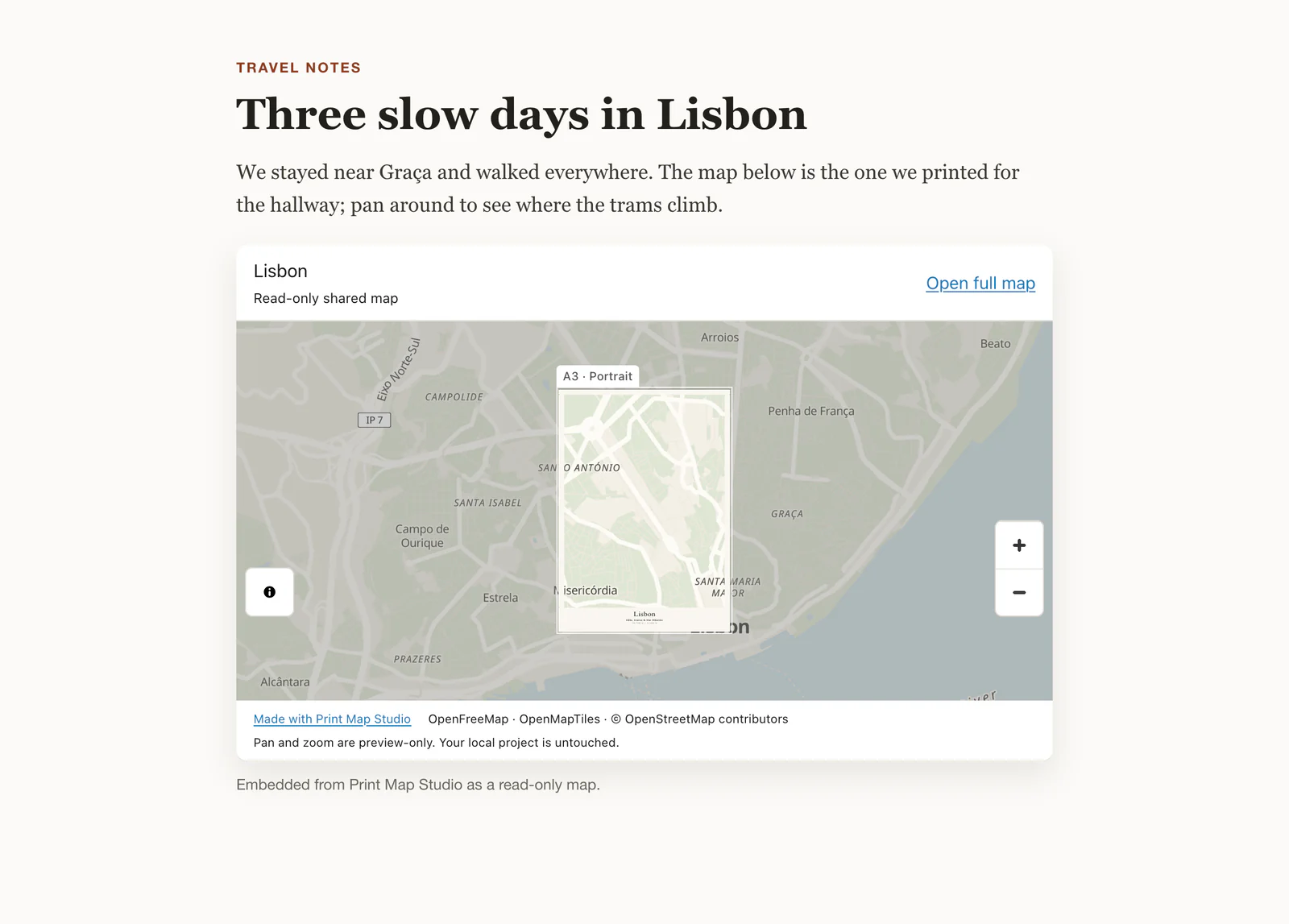 A blog post with a read-only Lisbon map embedded through an iframe