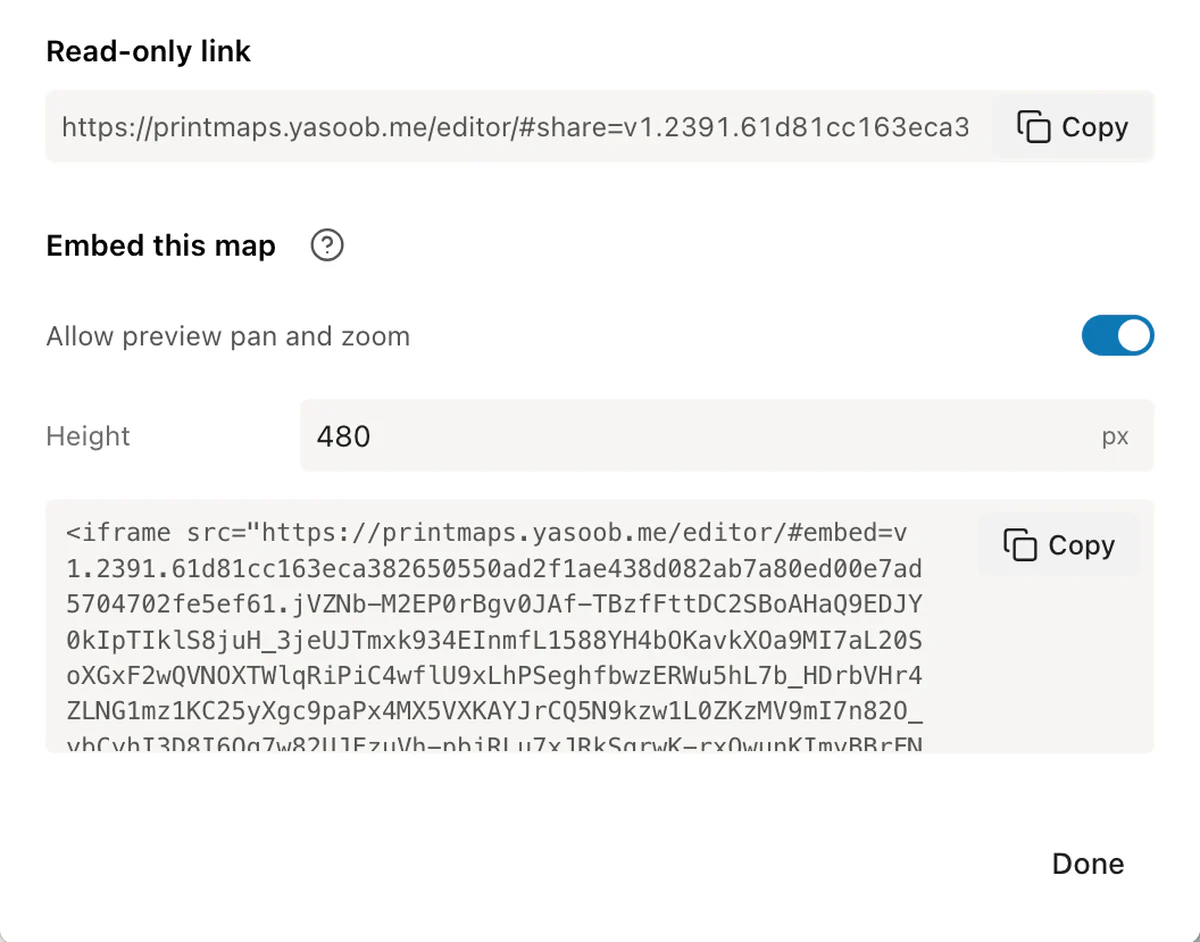 Share dialog with a read-only link, a pan and zoom toggle for the embed, and the iframe code