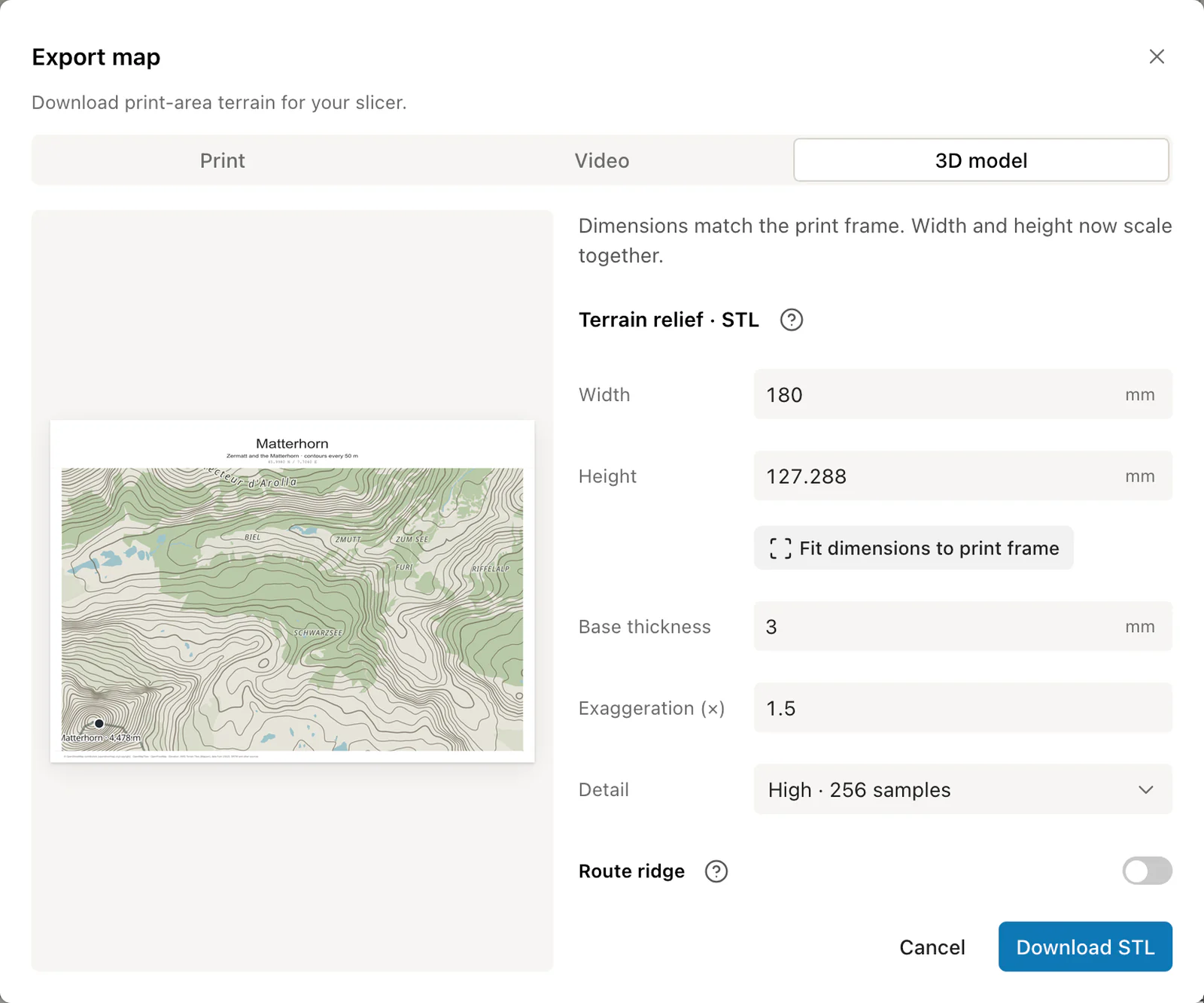 3D model tab of the Export dialog with relief size, base thickness and exaggeration