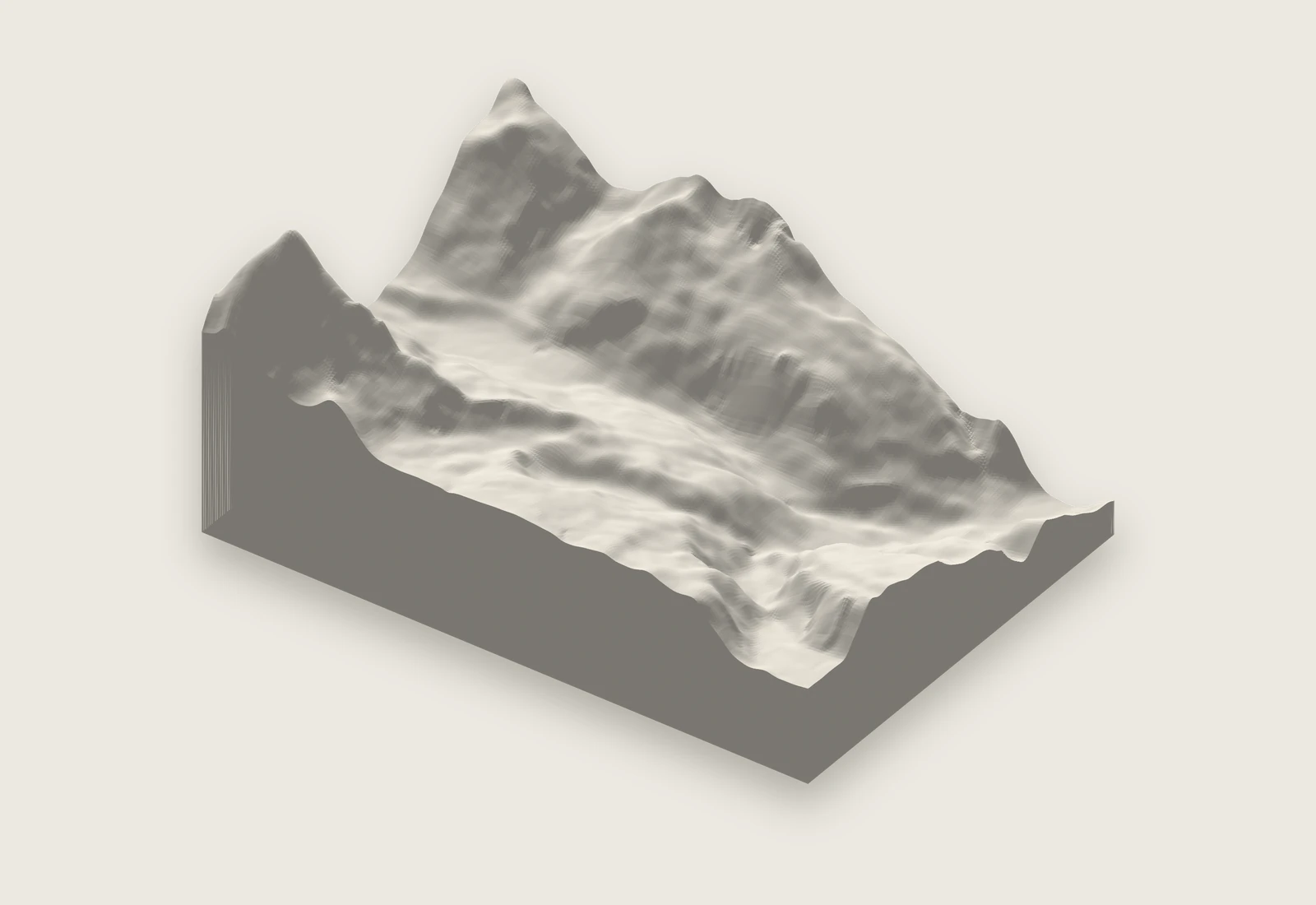 Render of the Matterhorn STL relief exported from the editor, ready for a slicer