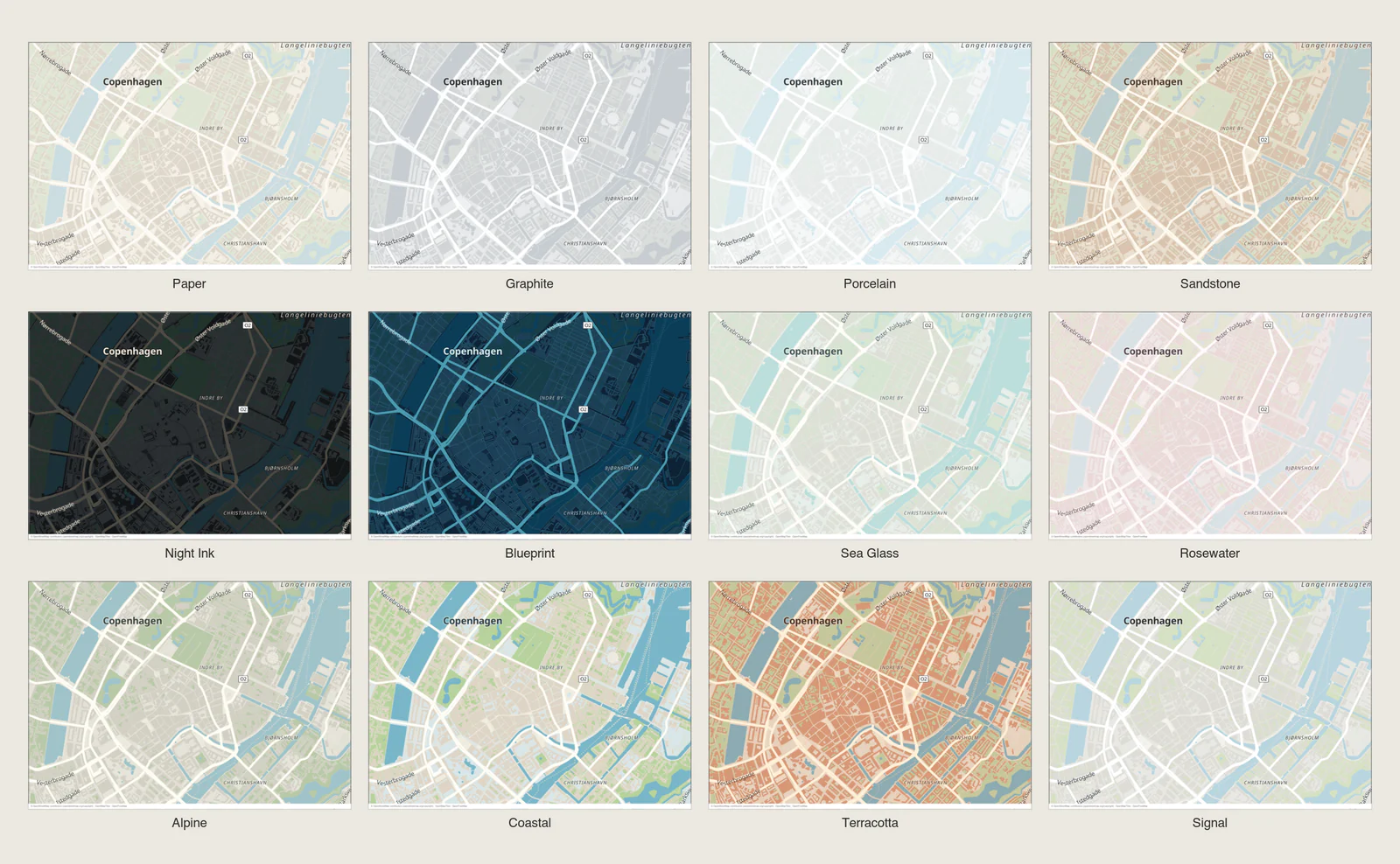 The same Copenhagen map in all twelve styles, from Paper to Signal