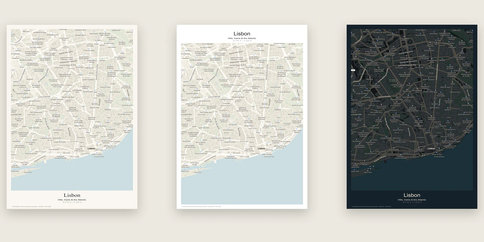 The same Lisbon map in three layouts: City edition, Quiet lines and After dark