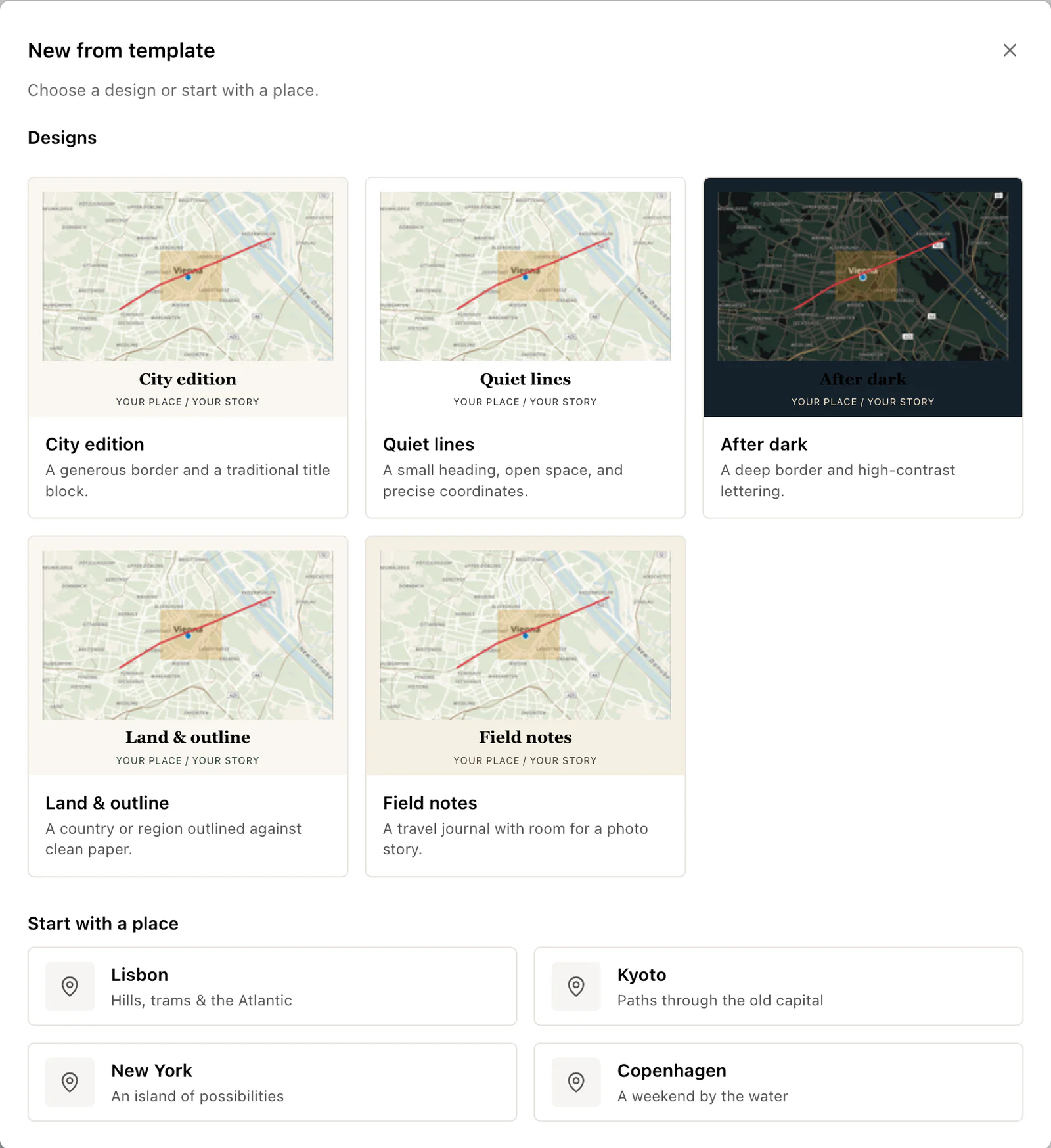 New from template dialog with five poster designs and four starter cities