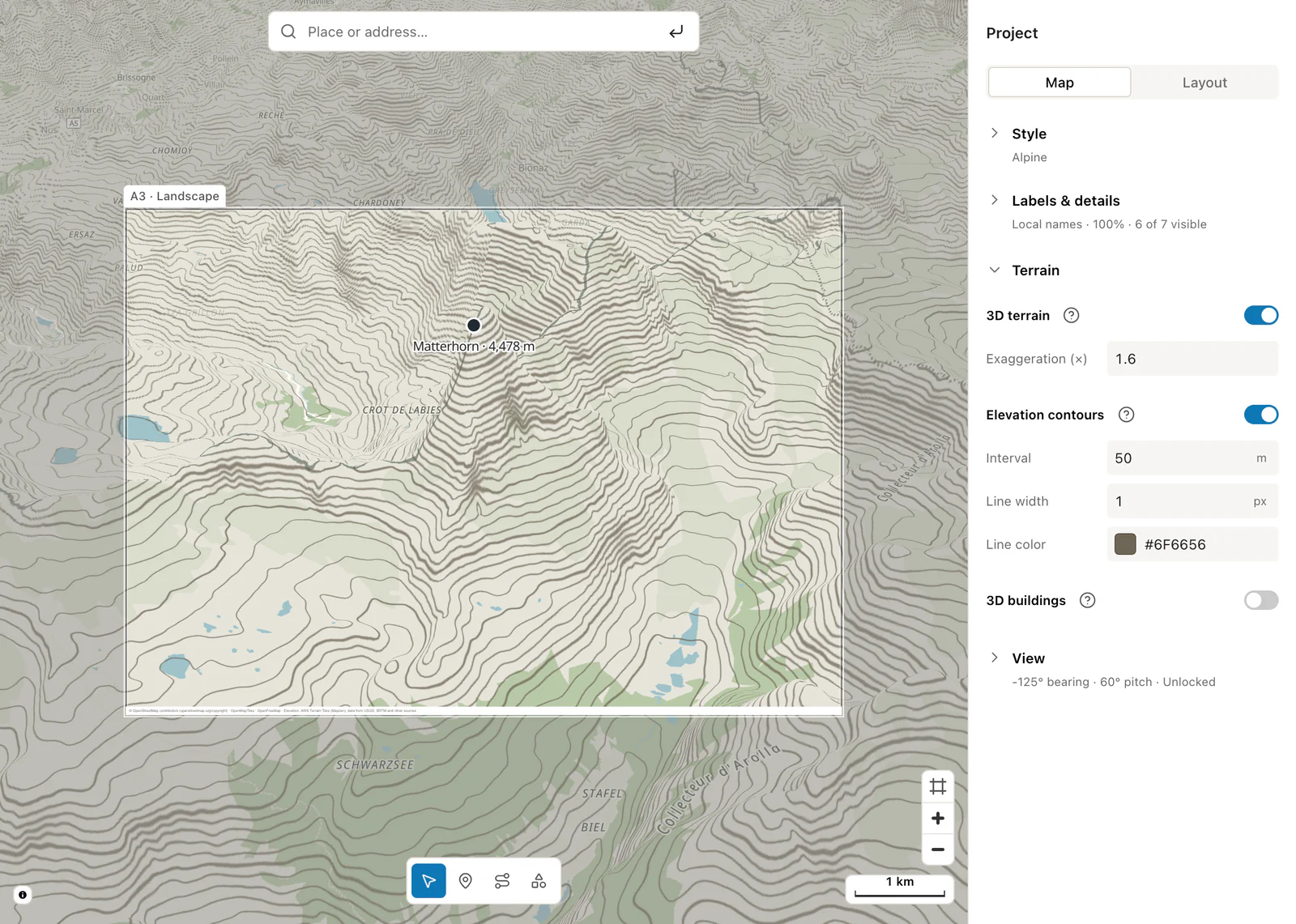 Tilted 3D terrain around the Matterhorn with contour lines and the Terrain settings open