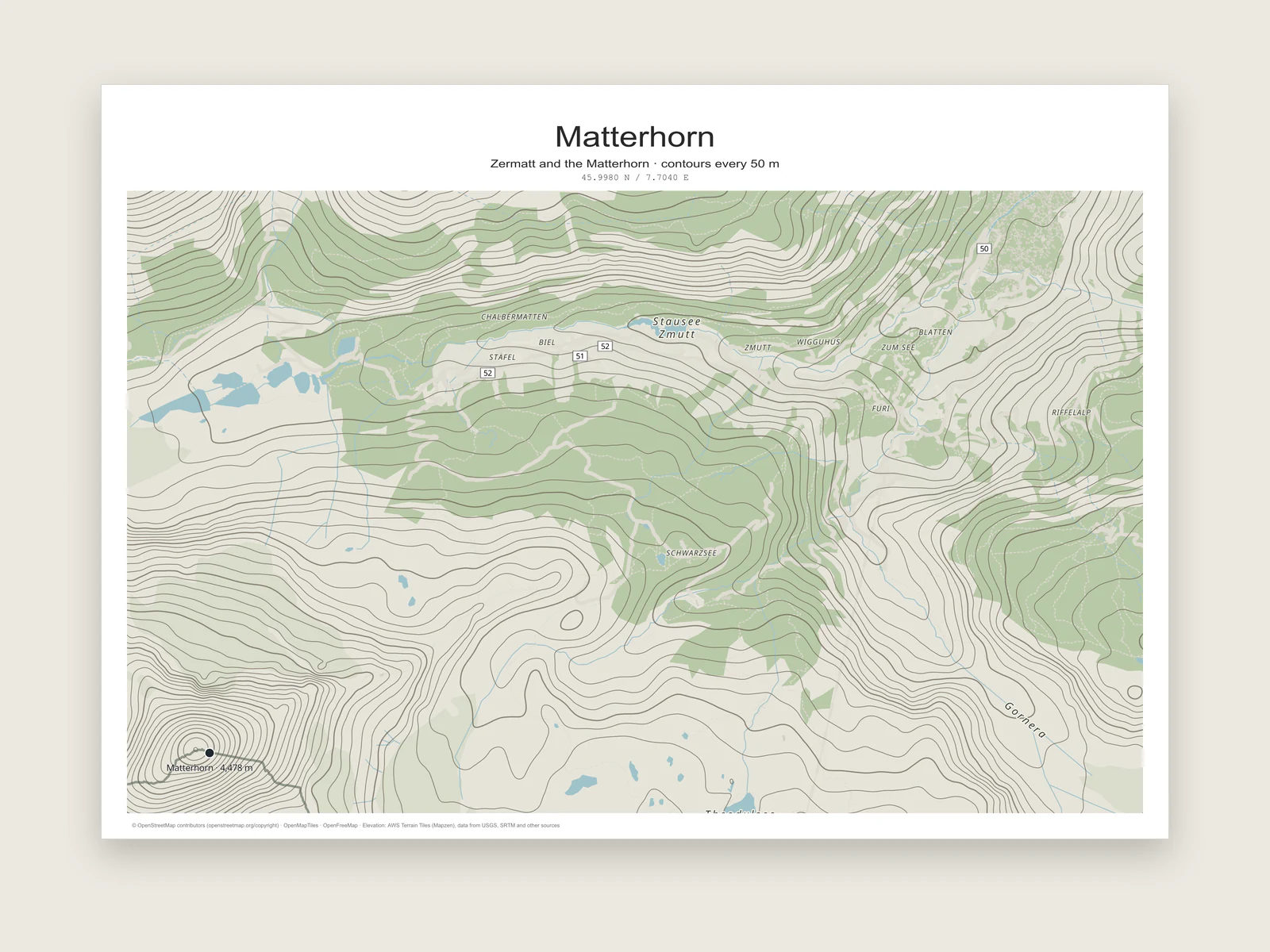 Topographic poster of Zermatt and the Matterhorn with contour lines every 50 metres