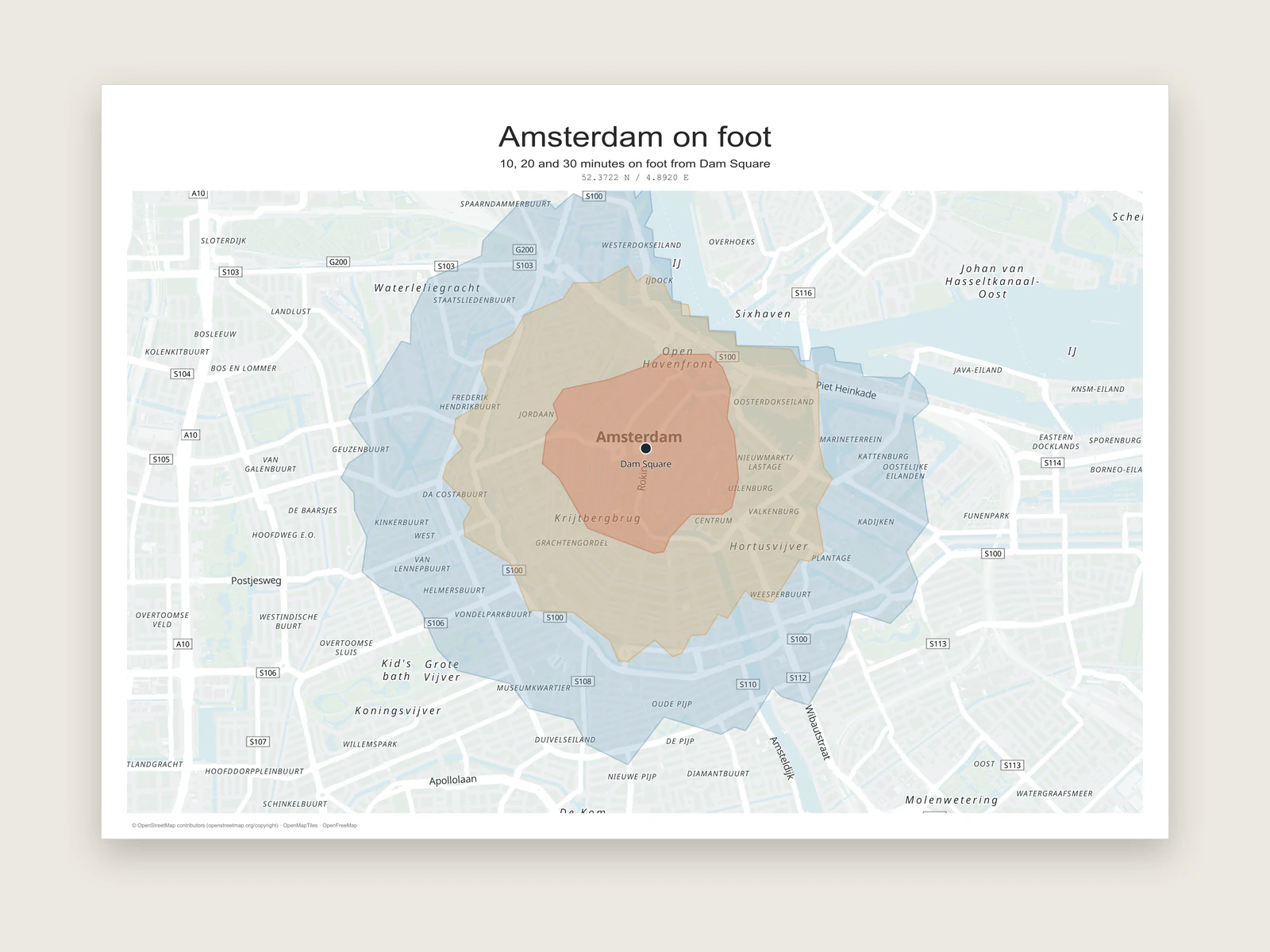Amsterdam map with nested 10, 20 and 30 minute walking areas around Dam Square