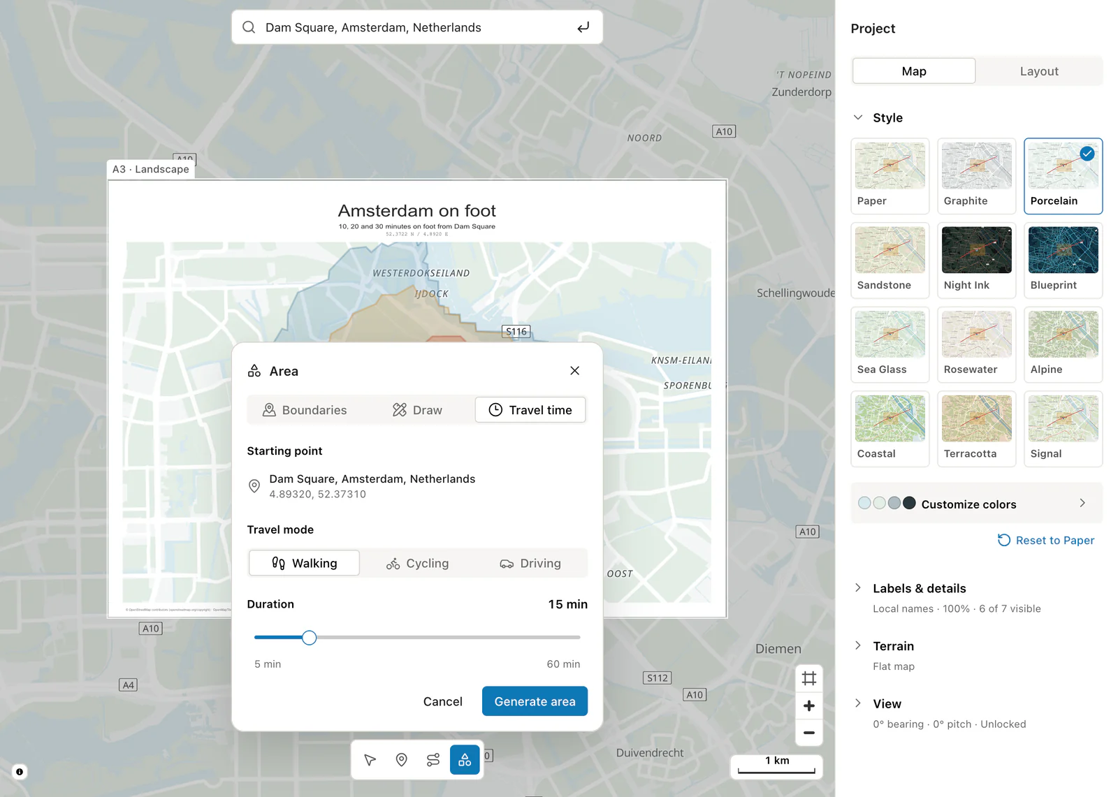 Travel time panel with Dam Square as the start, walking mode and a 15 minute duration