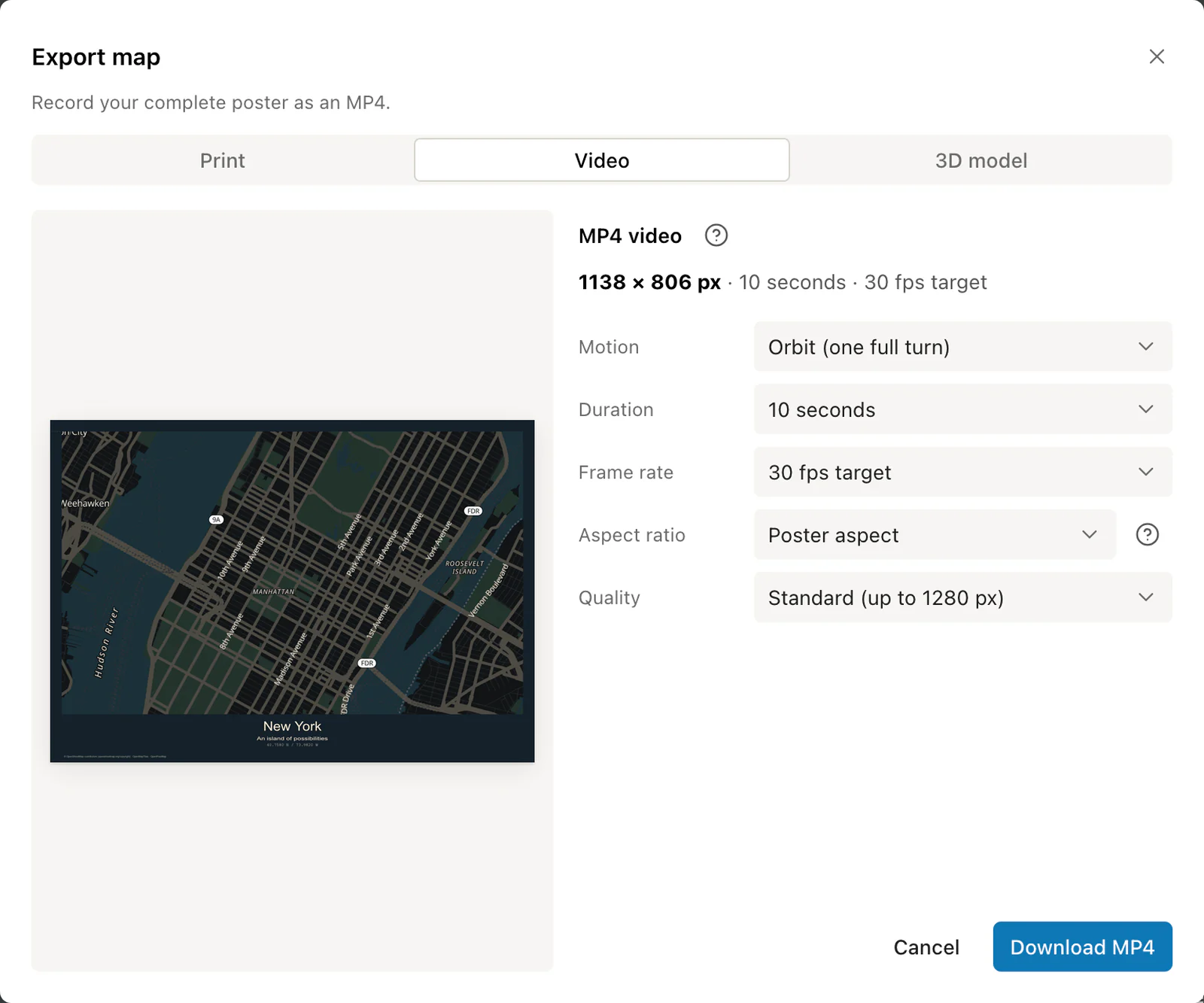 Video tab of the Export dialog set to a 10 second orbit of a New York poster