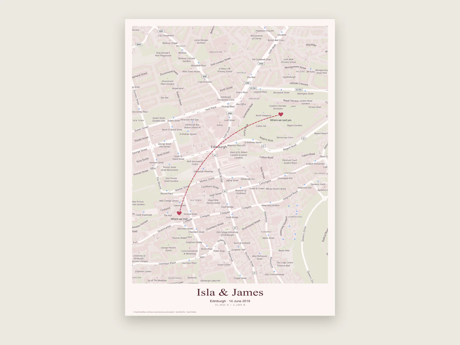 Edinburgh wedding map poster with two heart markers joined by a dashed arc