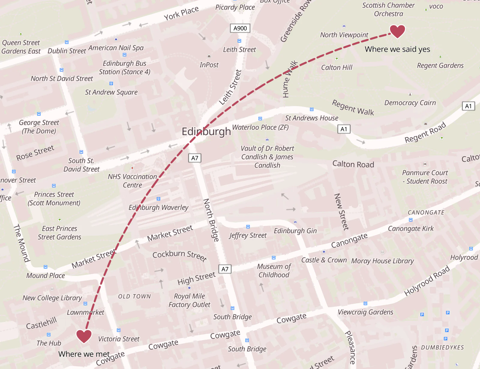 Detail of the wedding poster: a dashed arc from Where we met to Where we said yes